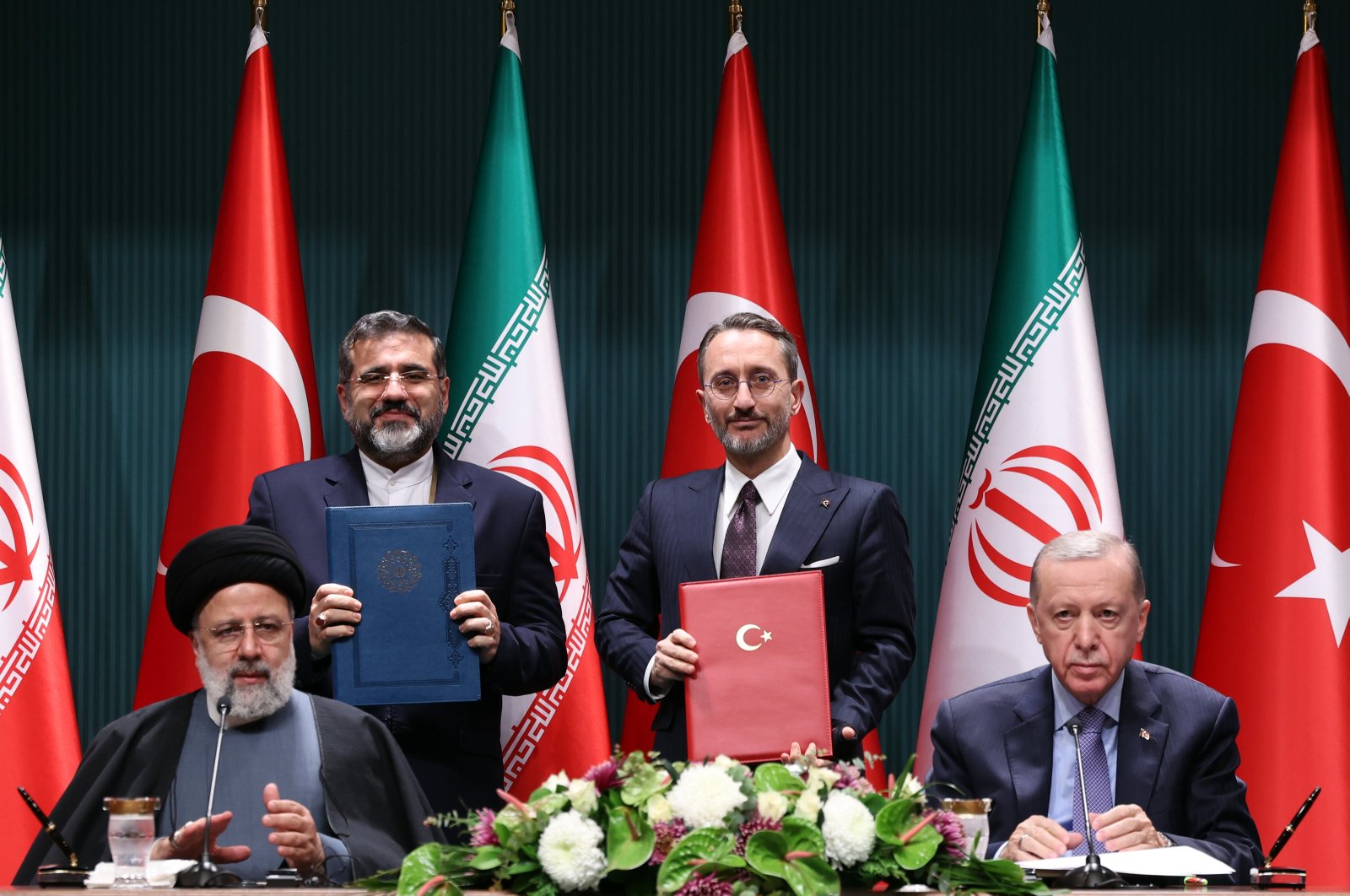 President Recep Tayyip Erdoğan and Iran&#039;s President Ebrahim Raisi pose after signing 10 bilateral agreements in Ankara, Jan. 24, 2024. (AA Photo)