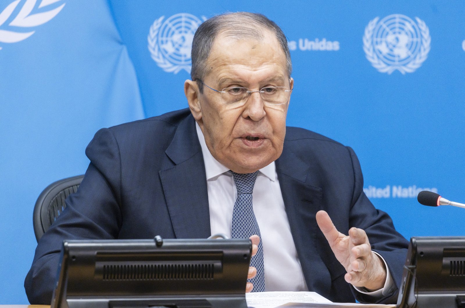 Russia&#039;s Foreign Minister Sergei Lavrov speaks to reporters during a news conference at United Nations headquarters in New York, Jan. 24, 2024.  (EPA Photo)