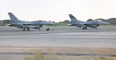 Two F-16 Fighting Falcons of the U.S. Air Force make an emergency landing at the Shimoji Island Airport, Miyako, Okinawa Prefecture, Japan, April 8, 2023. (Reuters Photo)