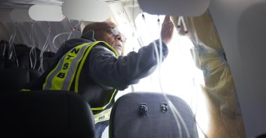 A handout photo from the National Transportation Safety Board taken during the investigation into the sudden fuselage failure on a Boeing 737-9 Max airplane being operated by Alaska Airlines, Portland, Oregon, U.S., Jan. 7, 2024. (EPA Photo)