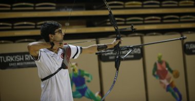 Turkish archer Ulaş Berkim Tümer shoots an arrow during his training, Istanbul, Türkiye, Jan. 25, 2024. (AA Photo)