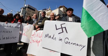 Palestinians protest in front of the German representation in the city of Ramallah, against what they call "Germany’s policy of supporting Israel in the war on Gaza", Jan. 18, 2024. (AFP Photo)