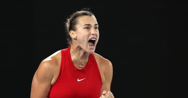 Aryna Sabalenka celebrates a point in their semifinal singles match against Coco Gauff of the United States during the 2024 Australian Open at Melbourne Park, Melbourne, Australia, Jan. 25, 2024. (Getty Images)