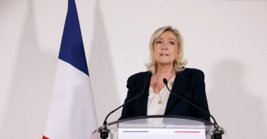 French far-right party Rassemblement National (RN) president Marine Le Pen addresses her New Year wishes to the press during a news conference in Paris on Jan. 25, 2024. (AFP Photo)