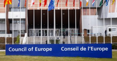 Flags wave outside the Council of Europe building on the day Ukrainian President Volodymyr Zelenskyy addresses the Parliamentary Assembly, in an extraordinary session to discuss Russia's invasion of Ukraine, via videolink in Strasbourg, France March 14, 2022. (Reuters File Photo)