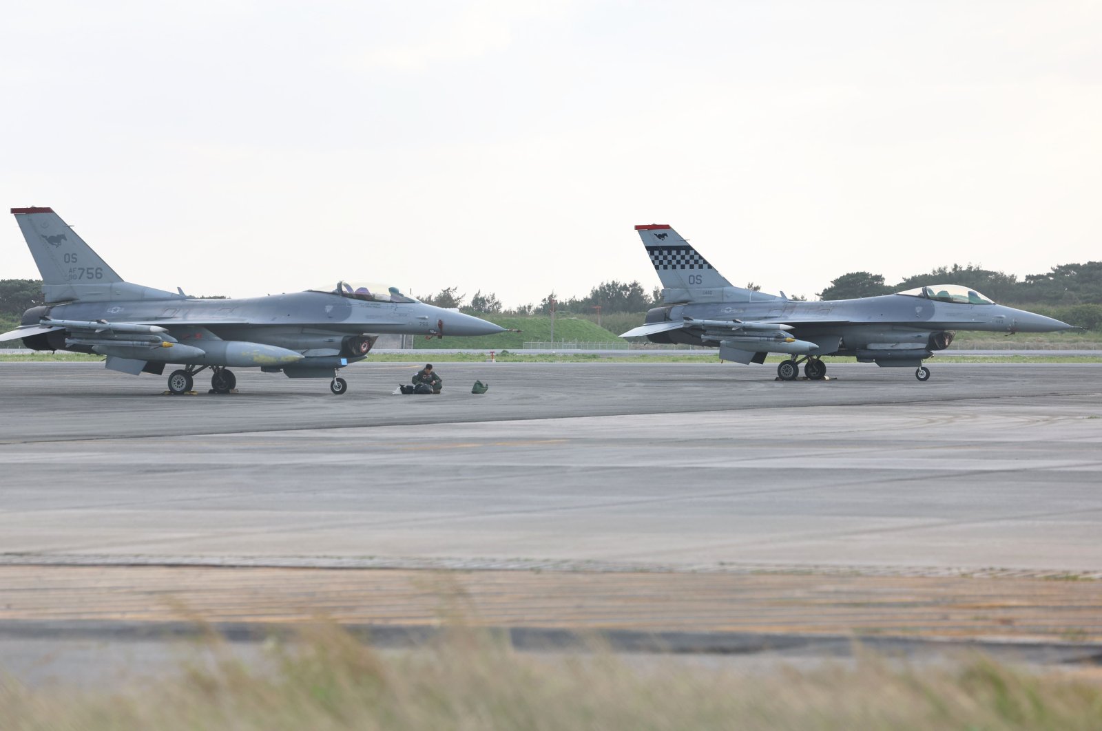 Two F-16 Fighting Falcons of the U.S. Air Force make an emergency landing at the Shimoji Island Airport, Miyako, Okinawa Prefecture, Japan, April 8, 2023. (Reuters Photo)