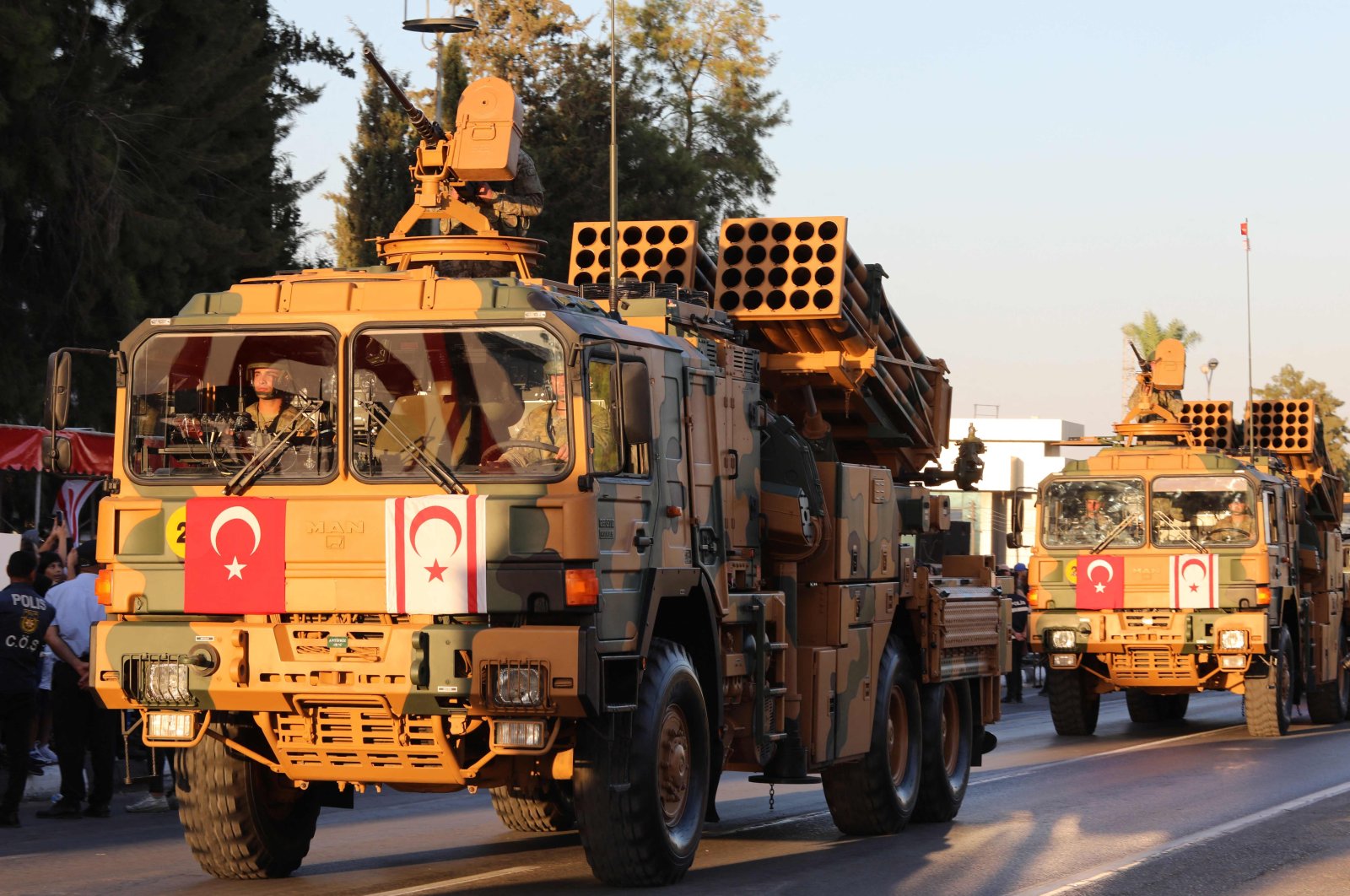 Turkish soldiers parade during an official ceremony commemorating Türkiye&#039;s 1974 Cyprus Peace Operation and the establishment of the Turkish Republic of North Cyprus (TRNC), in the capital Lefkoşa (Nicosia), TRNC, July 20, 2023. (AFP Photo)