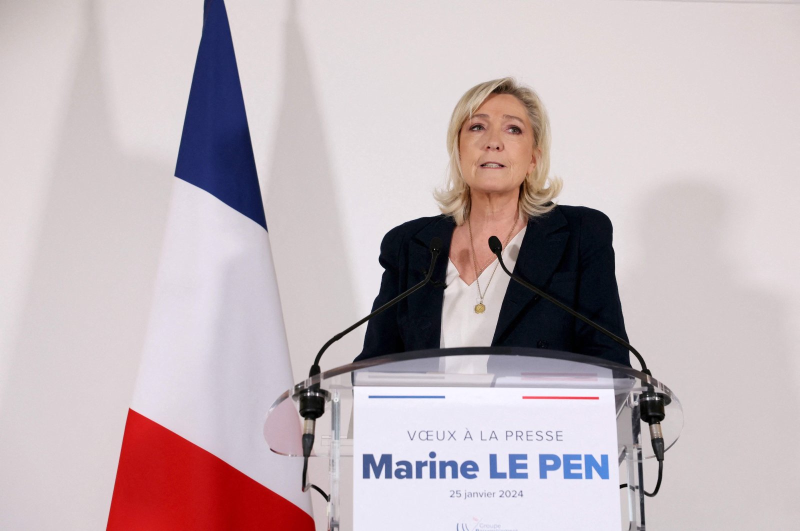 French far-right party Rassemblement National (RN) president Marine Le Pen addresses her New Year wishes to the press during a news conference in Paris on Jan. 25, 2024. (AFP Photo)