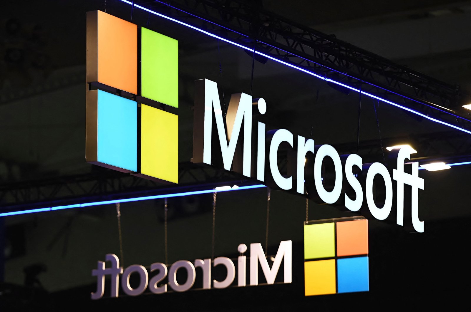 The logo of U.S. multinational technology corporation Microsoft is seen on the opening day of the Integrated Systems Europe (ISE) audiovisual and systems integration exhibition in Barcelona, Spain, Jan. 31, 2023. (AFP Photo)