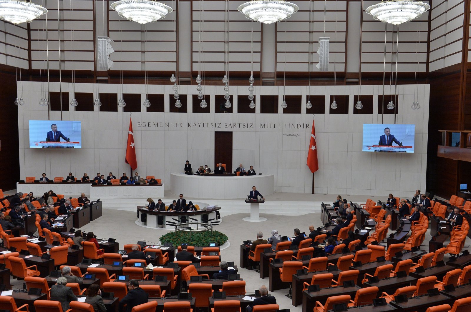 Members of the Turkish Parliament attend a session before voting on a bill regarding Sweden&#039;s accession to NATO, at the Grand National Assembly of Türkiye (TBMM) in Ankara, Türkiye, Jan. 23, 2024. (EPA Photo)