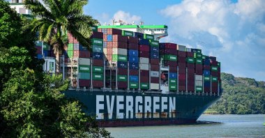 View of cargo ships near Miraflores locks, at the Panama Canal. The drought affecting the Panama Canal has forced the restriction on the number of ships transiting the waterway, amid the El Nino phenomenon that threatens to worsen the situation, Panama, Jan. 11, 2024. (AFP Photo)