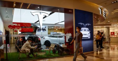 A Tesla showroom in Bejing as the automaker announced it was recalling 1.6 million electric vehicles in China due to problems with the automatic steering assist function, China, Jan. 6, 2024. (EPA Photo)