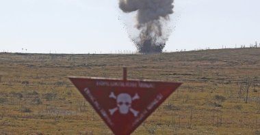 Unexploded ammunition is detonated during a demo mine-clearing operation by the Azerbaijan National Agency for Mine Action (ANAMA), Fuzuli, Azerbaijan, Feb. 27, 2021. (Getty Images)