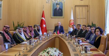 Turkish Parliament Speaker Numan Kurtulmuş is seen together with a Kuwaiti delegation in Parliament in Ankara, Türkiye, Jan. 25, 2024. (AA Photo)