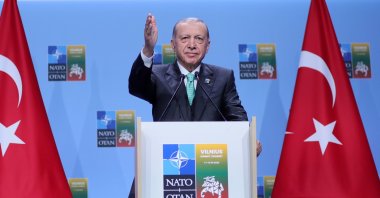 President Recep Tayyip Erdoğan attends a news conference during the NATO summit in Vilnius, Lithuania, July 12, 2023. (EPA Photo)