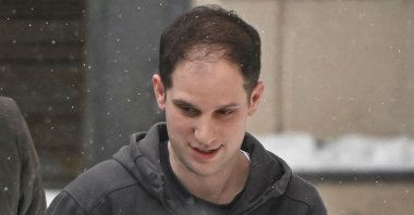 U.S. journalist Evan Gershkovich is escorted out of the Lefortovsky Court building, Moscow, Russia, Jan. 26, 2024. (AFP Photo)