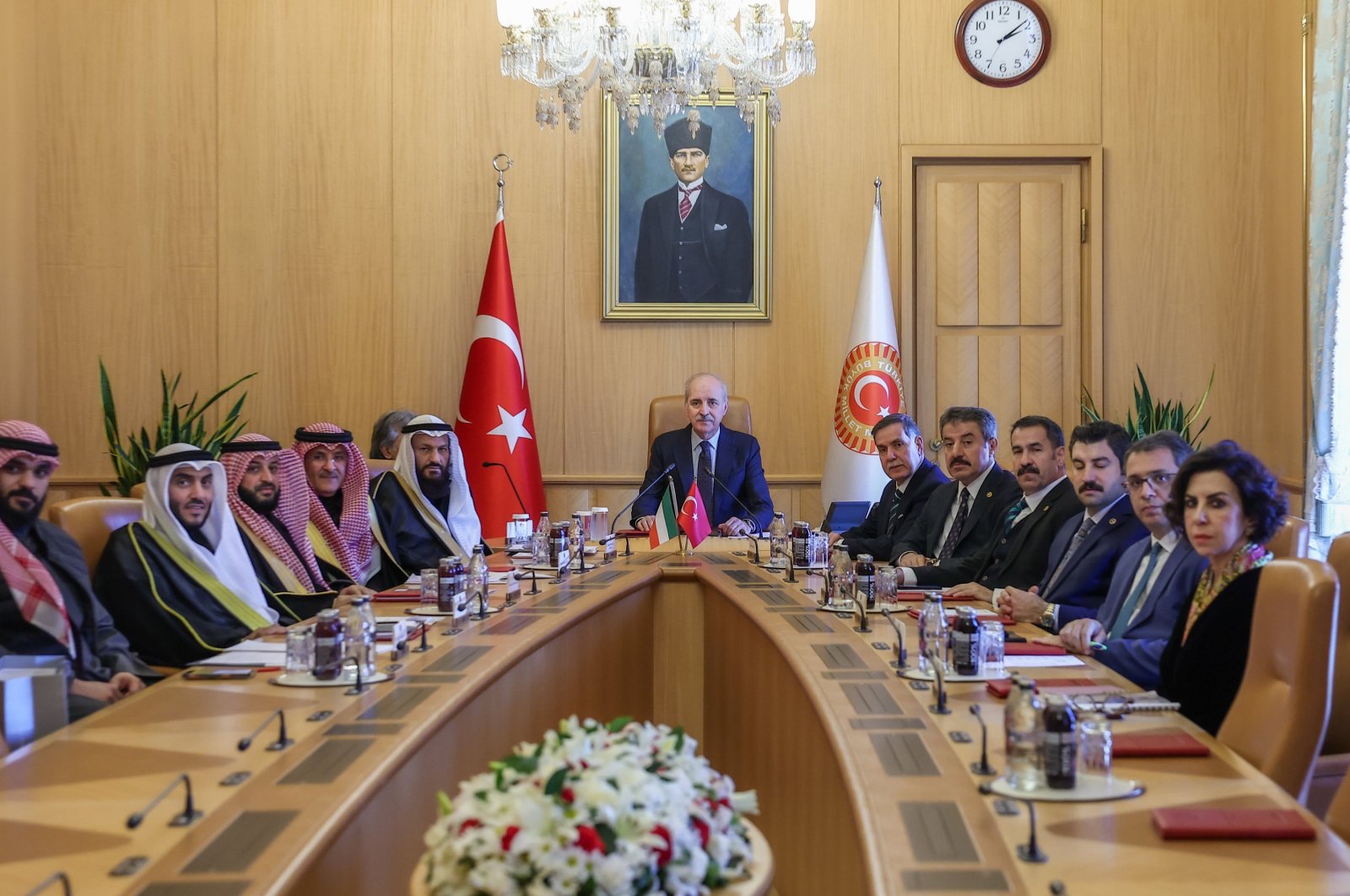 Turkish Parliament Speaker Numan Kurtulmuş is seen together with a Kuwaiti delegation in Parliament in Ankara, Türkiye, Jan. 25, 2024. (AA Photo)