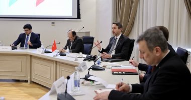 Energy and Natural Resources Minister Alparslan Bayraktar (3rd R) speaks during a meeting with his Azerbaijani counterpart Perviz Shahbazov (not pictured), Baku, Azerbaijan, Jan. 27, 2024. (IHA Photo)
