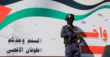 A member of Houthi security forces srtand guard in Sanaa, Yemen, Jan. 26, 2024. (AFP Photo)