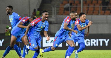 DR Congo&#039;s players celebrate after winning at the end of the Africa Cup of Nations (AFCON) 2024 round of 16 football match against Egypt, San Pedro, Ivory Coast, Jan. 28, 2024. (AFP Photo)