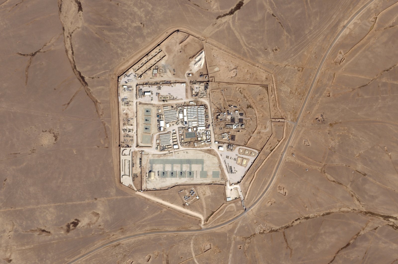 This satellite image shows a military base known as Tower 22 in northeastern Jordan, Oct. 12, 2023. (AP Photo)