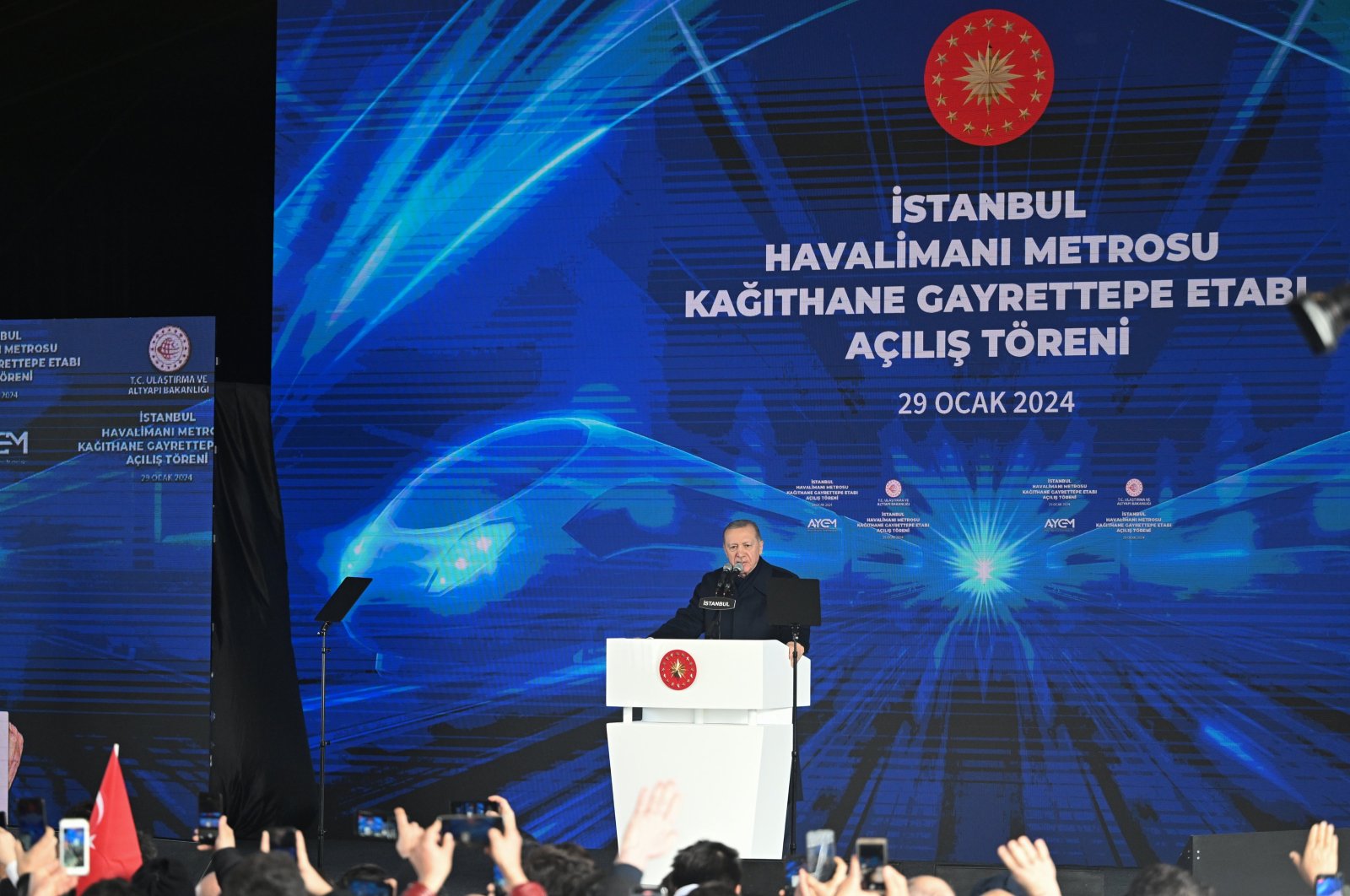 President Recep Tayyip Erdoğan address at the opening ceremony of Gayrettepe-Kağıthane metro line, Istanbul, Türkiye, Jan. 29, 2024. (AA Photo)