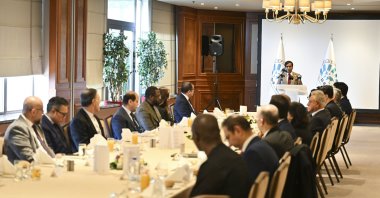 D-8 Secretary-General Isiaka Abdulqadir Imam is seen speaking to organization and media representatives in the capital Ankara, Türkiye, Jan. 29, 2024. (AA Photo)