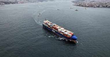 A container ship sails through the Bosporus, Istanbul, Türkiye, Jan. 29, 2024. (IHA Photo)