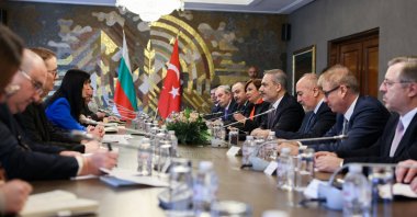 Foreign Minister Hakan Fidan (4th-R) and Bulgarian Foreign Minister Mariya Gabriel hold an inter-delegation meeting in Sofia, Bulgaria, Jan. 30, 2024. (AA Photo)