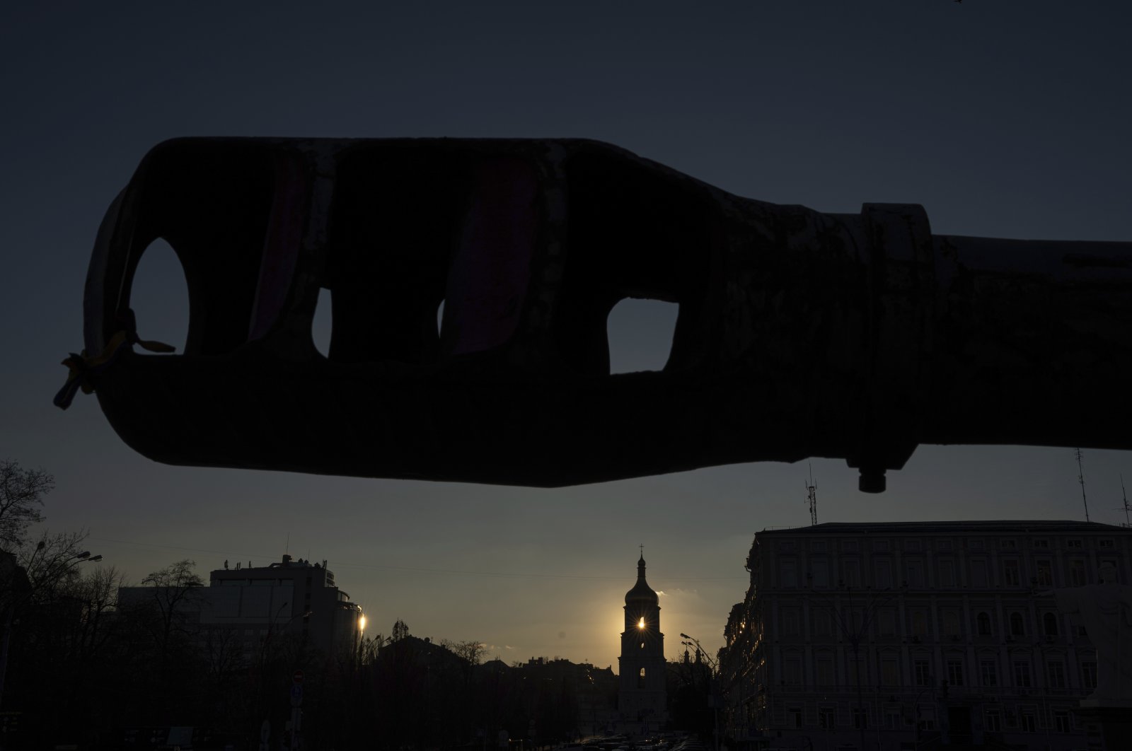 A bell tower of the Saint Sophia Cathedral is seen through a destroyed Russian artillery cannon in downtown Kyiv, Ukraine, Jan. 29, 2024. (AP Photo)