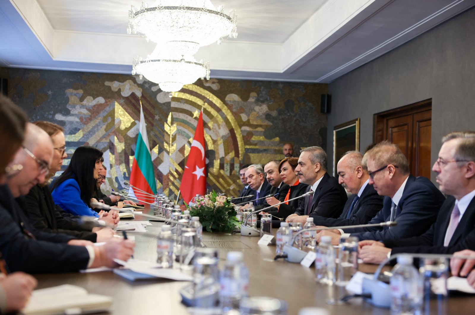 Foreign Minister Hakan Fidan (4th-R) and Bulgarian Foreign Minister Mariya Gabriel hold an inter-delegation meeting in Sofia, Bulgaria, Jan. 30, 2024. (AA Photo)