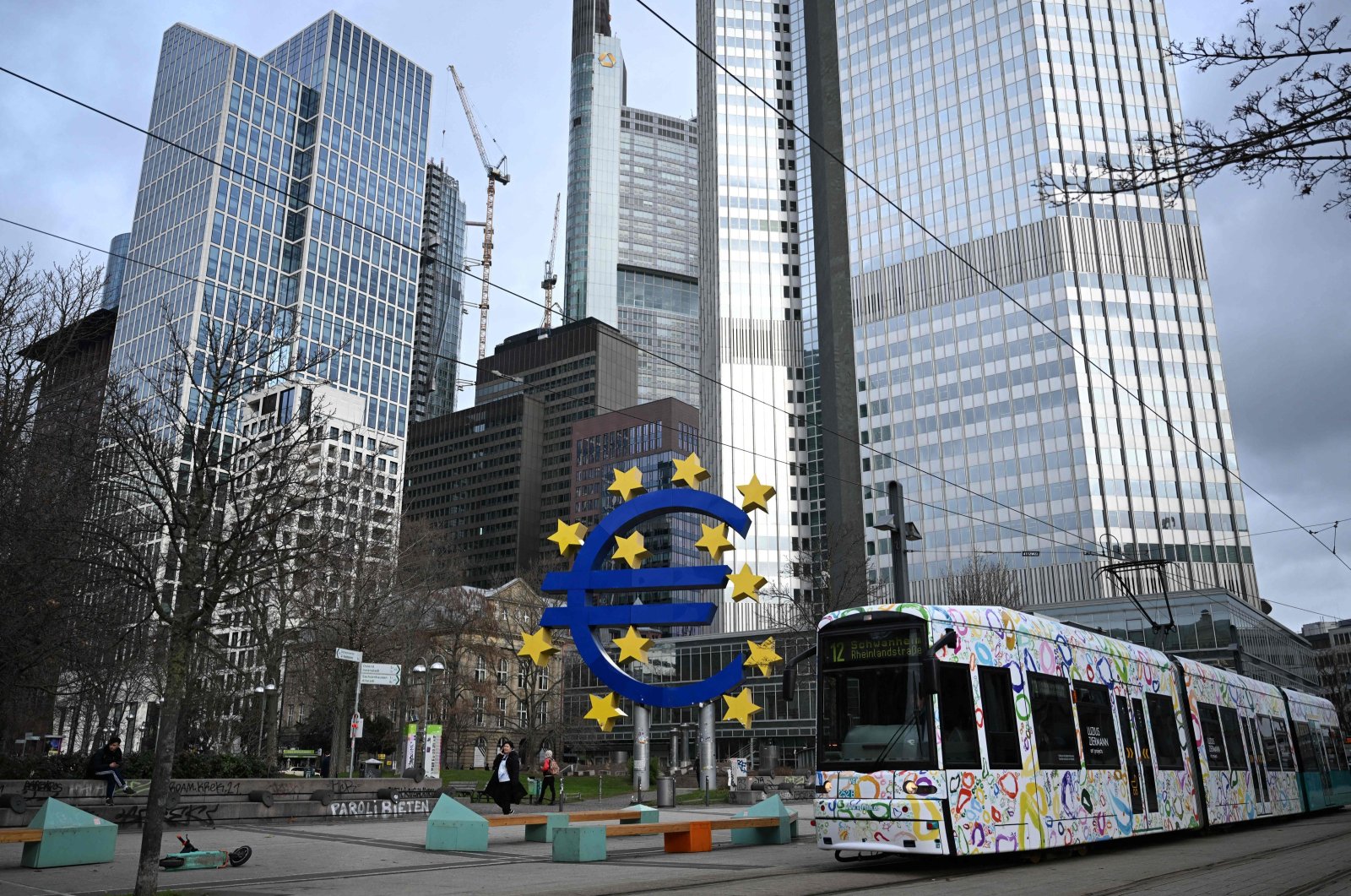 A sculpture of the euro currency stands in the city center of Frankfurt am Main, western Germany, Jan. 25, 2024. (AFP Photo)