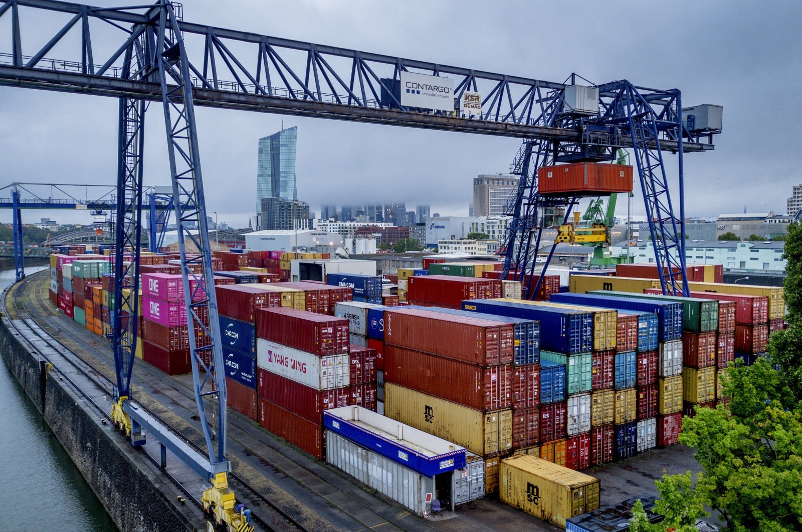 Containers are pictured in the harbor in Frankfurt, Germany, July 28, 2023. (AP Photo)