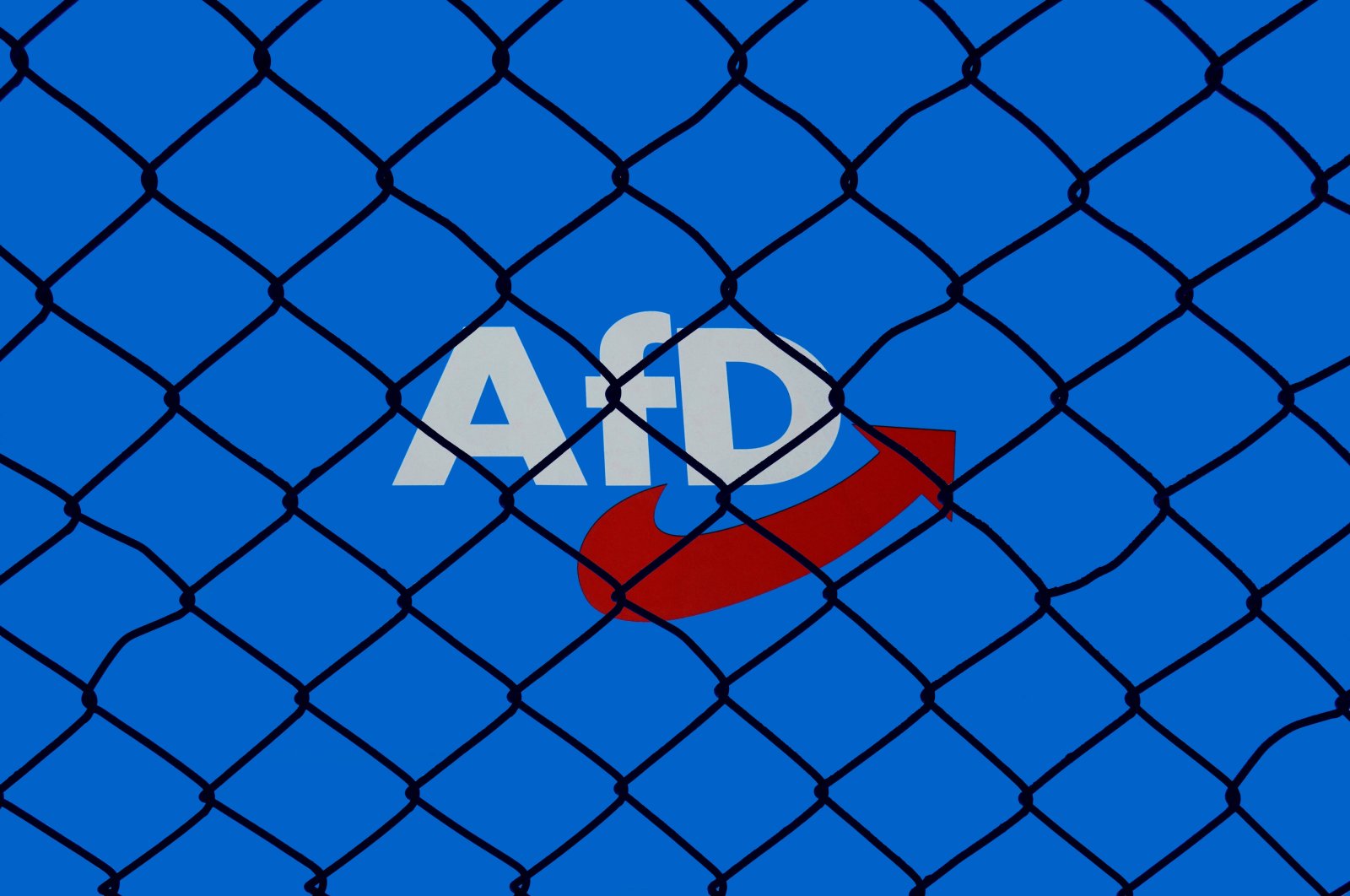 An AfD logo is behind wire mesh in Borkwalde, Brandenburg, Jan. 29, 2024. (Reuters Photo)