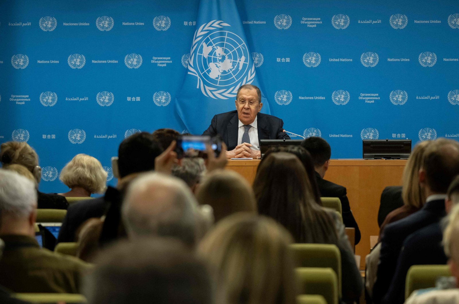 Russian Foreign Minister Sergey Lavrov holds a news conference at U.N. headquarters in New York on Jan. 24, 2024. (AFP Photo)