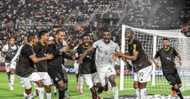 South Africa's Teboho Mokoena (C) celebrates with teammates after scoring a goal during the AFCON 2024 round of 16 football match against Morocco, Stade Laurent Pokou, San Pedro, Ivory Coast, Jan. 30, 2024. (AFP Photo)