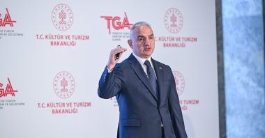 Culture and Tourism Minister Mehmet Nuri Ersoy held a press conference at the Atatürk Cultural Center and discussed tourism goals for 2024-2028, Istanbul, Türkiye, Jan. 31, 2024. (AA Photo)