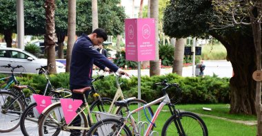 A man parks a bicycle at a bicycle-friendly facilities zone, Antalya, Türkiye, Jan. 25, 2024. (AA Photo)