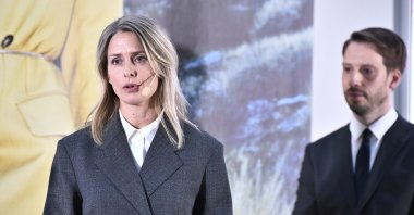 Outgoing Hennes &amp; Mauritz (H&amp;M) CEO Helena Helmersson (L) attends a press conference on the H&amp;M interim report, in Stockholm, Sweden, Jan. 31, 2024. (EPA Photo)