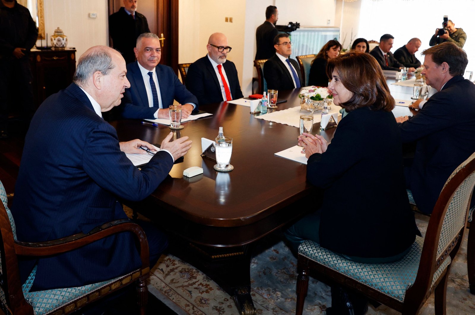President of the Turkish Republic of North Cyprus (TRNC), Ersin Tatar (L), speaks in a meeting with the new United Nations Cyprus envoy Maria Angela Holguin Cuellar (R) in the capital Lefkoşa (Nicosia), TRNC, Jan. 30, 2024. (AFP Photo)