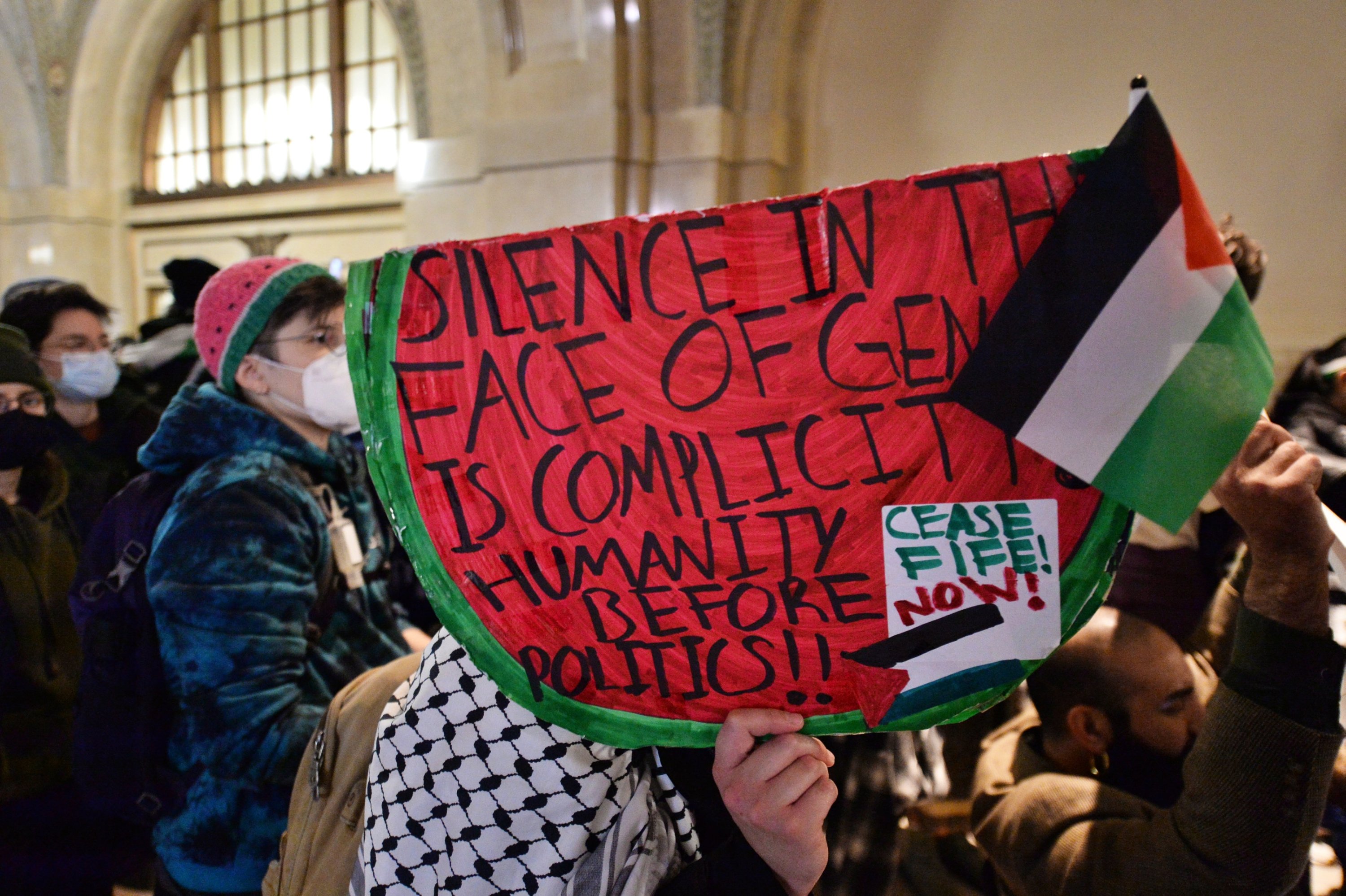 Pro-Palestine demonstrators rally in the lobby of City Hall as the City Council debated a symbolic resolution calling for a cease-fire in Gaza, Chicago, Illinois, U.S., Jan. 31, 2024. (AA Photo)