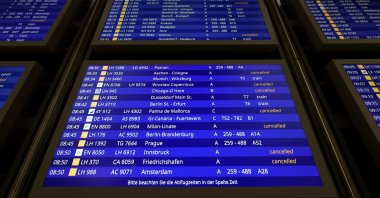 A display board during a strike of aviation security staff at an airport in Frankfurt, Germany, Feb. 1, 2024. (EPA Photo)
