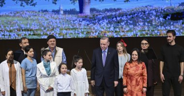 President Recep Tayyip Erdoğan (C) is seen during his ruling Justice and Development Party&#039;s (AK Party) election manifesto declaration in the capital Ankara, Türkiye, Jan. 30, 2024. (AA Photo)