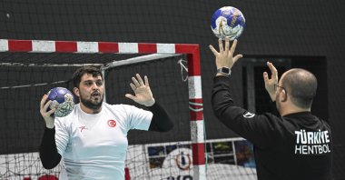 Turkish national handball men's team goalkeeper Mehmet Emre trains in Hatay, Türkiye, Jan. 31, 2024. (AA Photo)