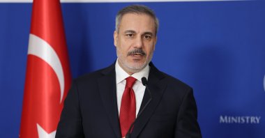 Foreign Minister Hakan Fidan speaks at a news conference, Bucharest, Romania, Jan. 31, 2024. (AA Photo)