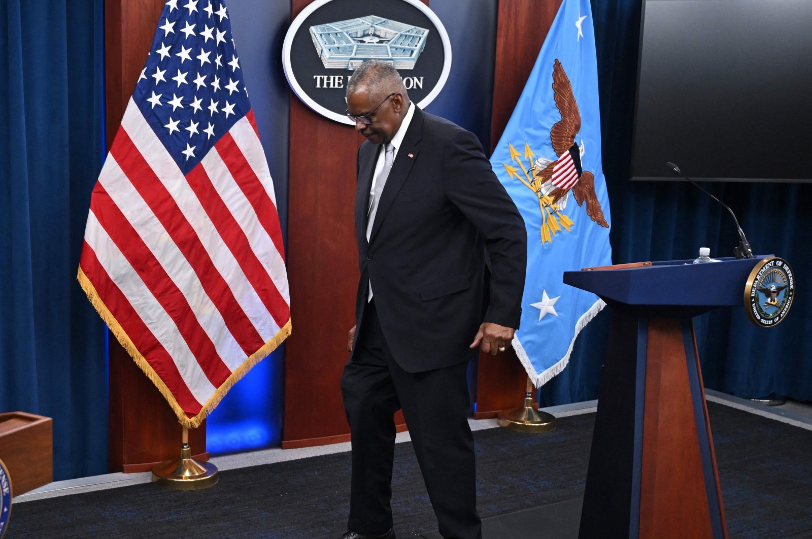 U.S. Defense Secretary Lloyd Austin departs a news conference at the Pentagon in Washington, D.C., U.S., Feb. 1, 2024. (AFP Photo)