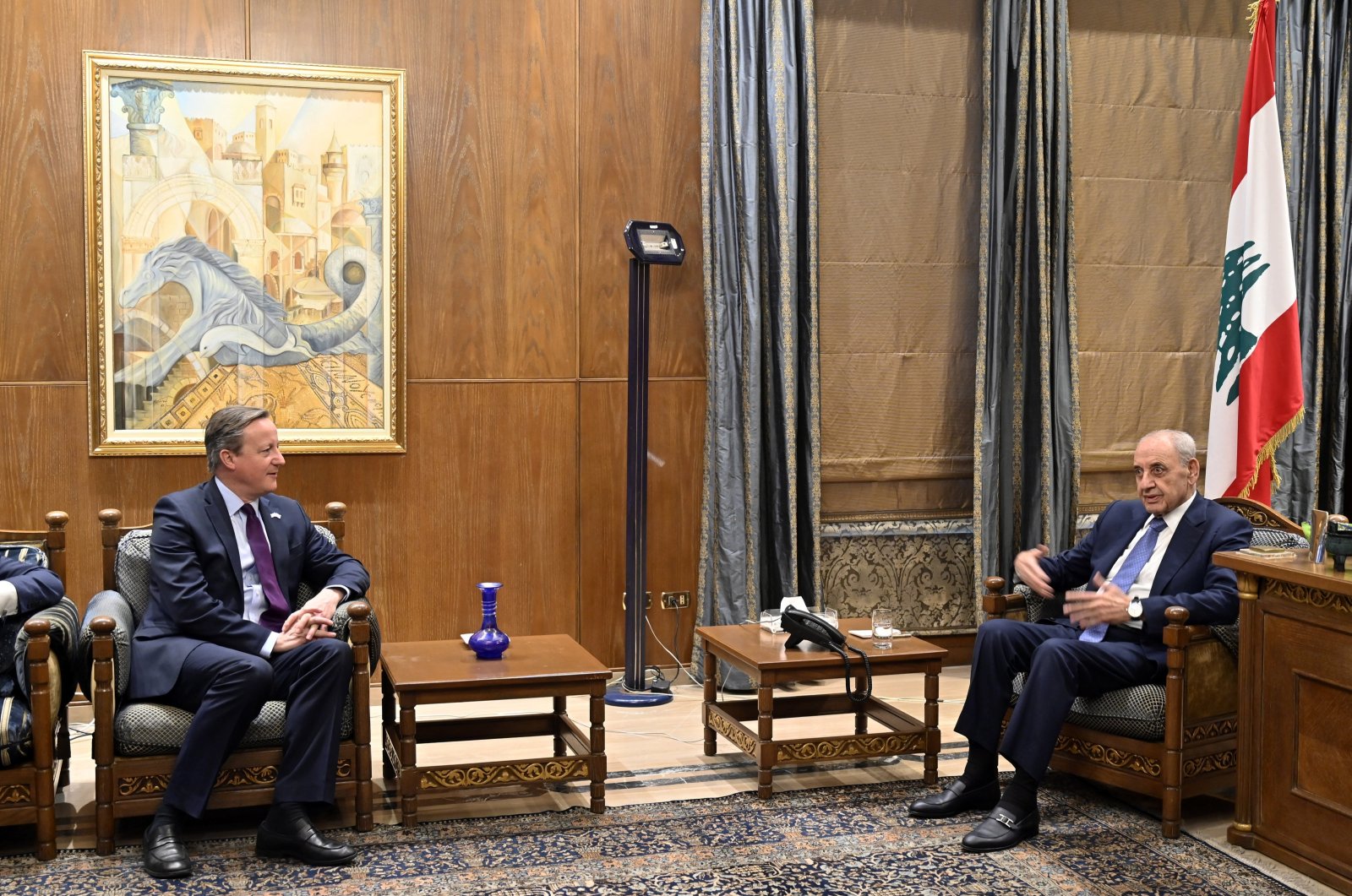  Lebanese Parliament Speaker Nabih Berri (R) meets with British Secretary of State for Foreign, Commonwealth and Development Affairs David Cameron (L) in Beirut, Lebanon, Feb. 1, 2024. (EPA Photo)