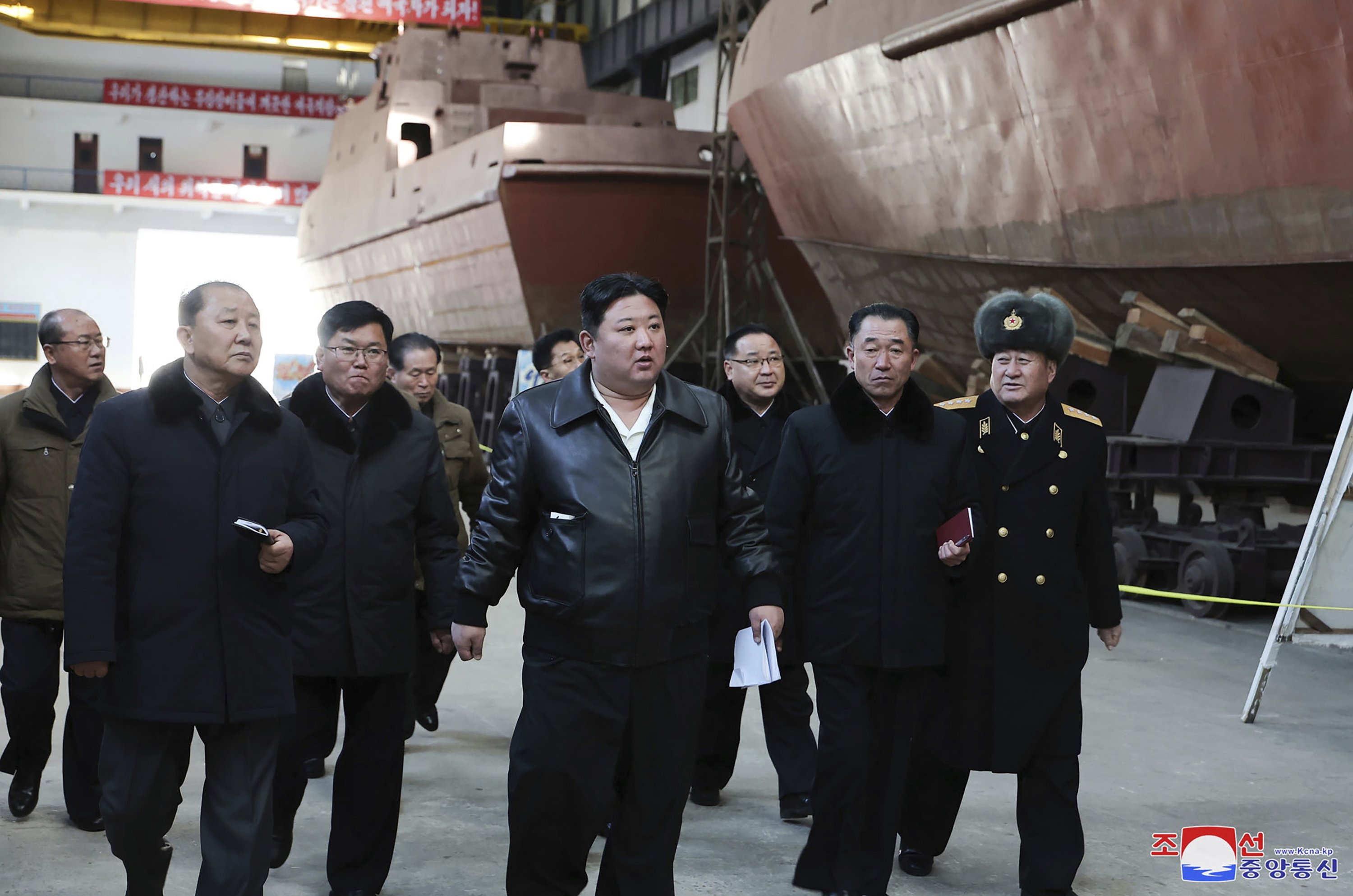 This undated photo provided on Feb. 2, 2024, by the North Korean government, North Korean leader Kim Jong Un (C) visits a shipyard, Nampho, North Korea. (AP Photo)