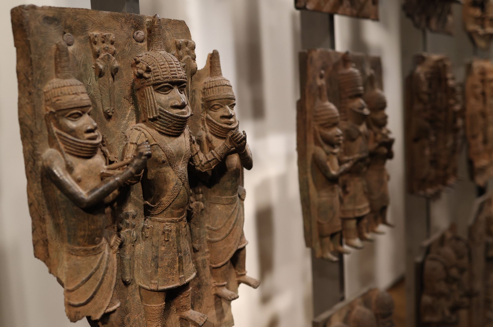 A selection of the controversially collected Benin Bronzes is displayed at the British Museum in London, U.K., Jan. 25, 2024. (EPA Photo)