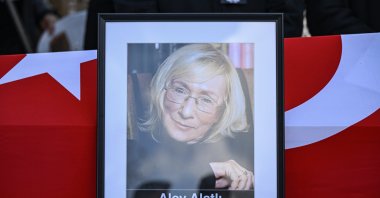 The writer Alev Alatlı bid farewell after the funeral prayer performed at Eyüp Sultan Mosque following the midday prayer, Istanbul, Türkiye, Feb. 3, 2024. (AA Photo)
